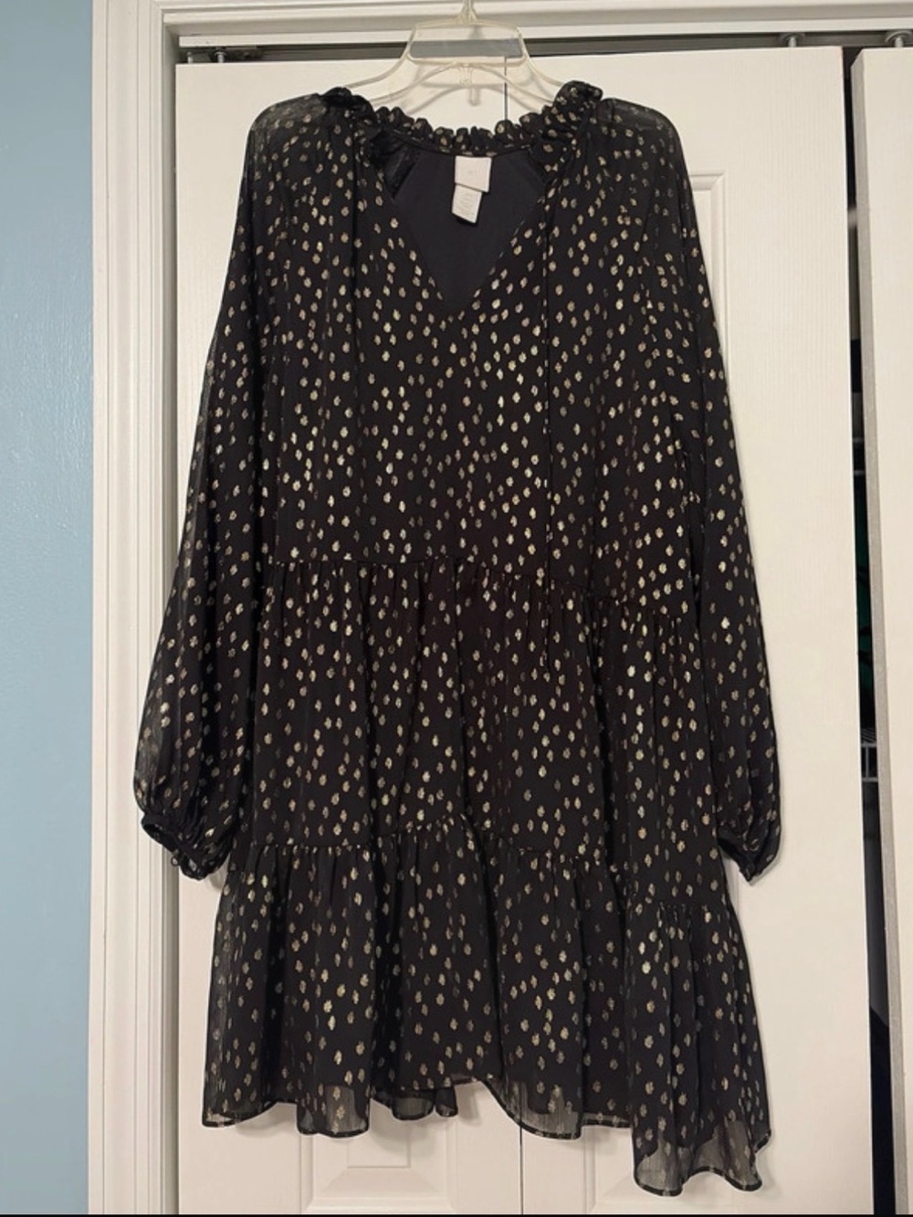 H&M Black Long Sleeve Tiered Dress with Gold Dot Print